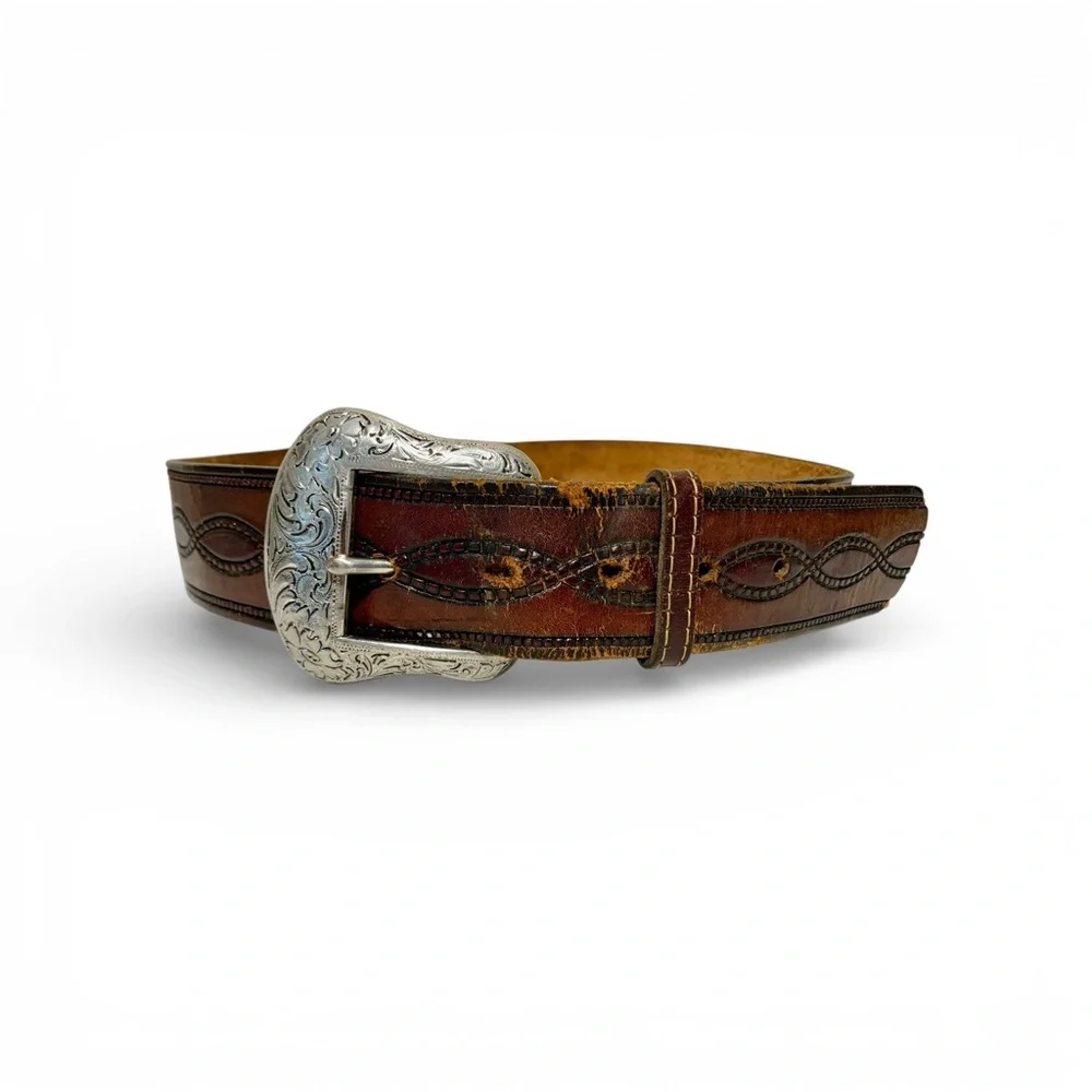 Vintage Leather Belt with Western Core Silver Buckle Size 32